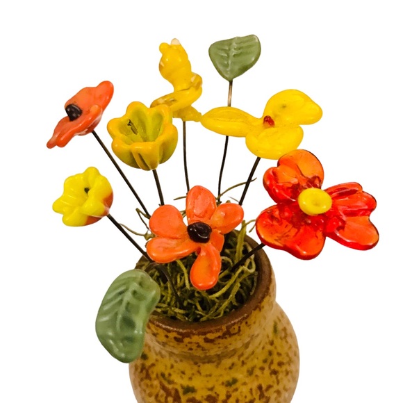 Miniature Czech Glass Flowers in Pottery Vase 5” Midcentury Vintage Boho Orange - Picture 2 of 12